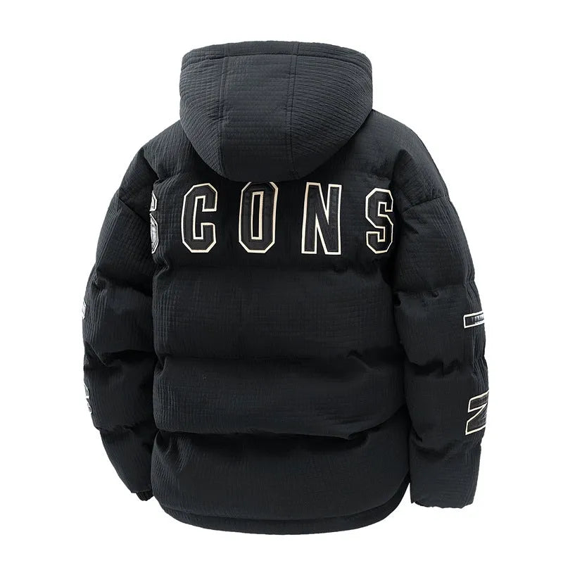 Men's black hooded cardigan coat with cotton padding and side seam pockets.