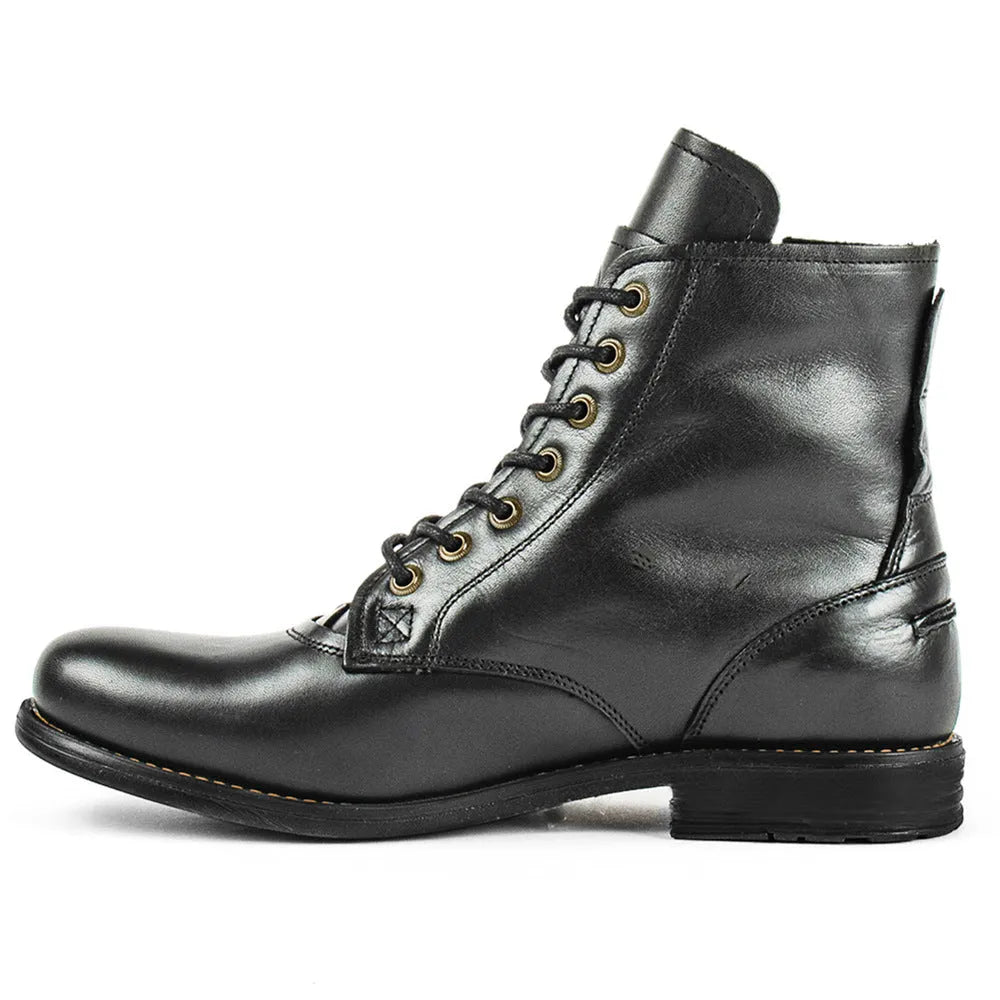 Men's black and brown two-tone leather ankle boots with a side zipper fastener.