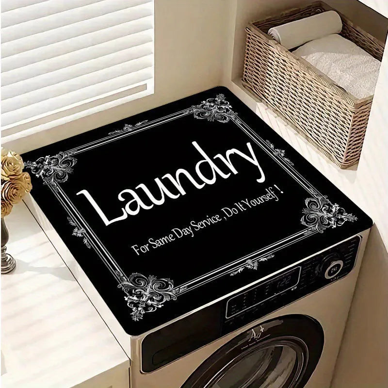 Dustproof absorbent washing machine mat with abstract print in front of a washing machine