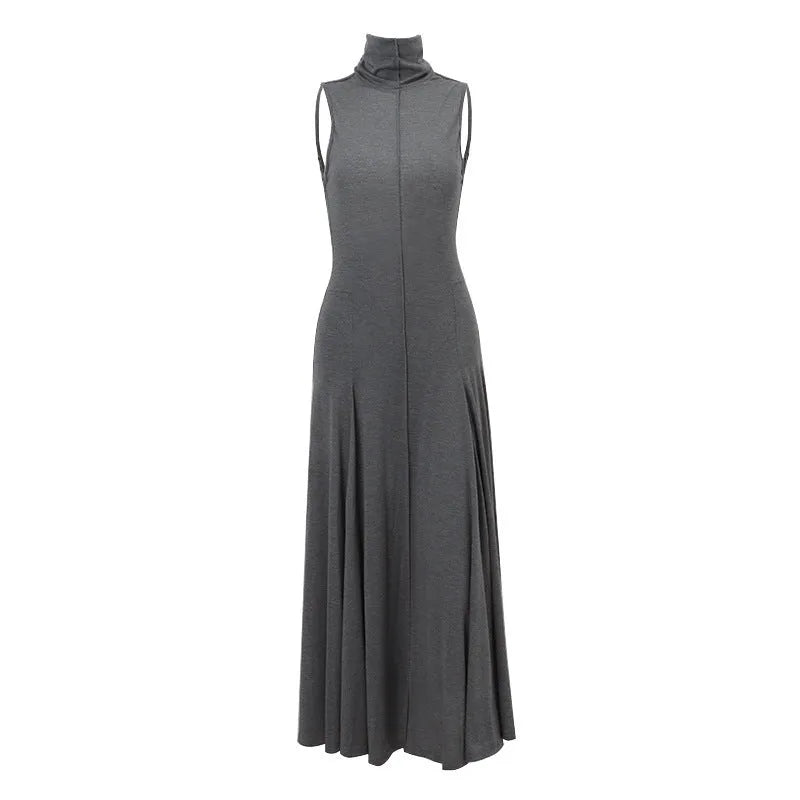 Grey cotton backless half turtleneck dress with high waist and sleeveless design