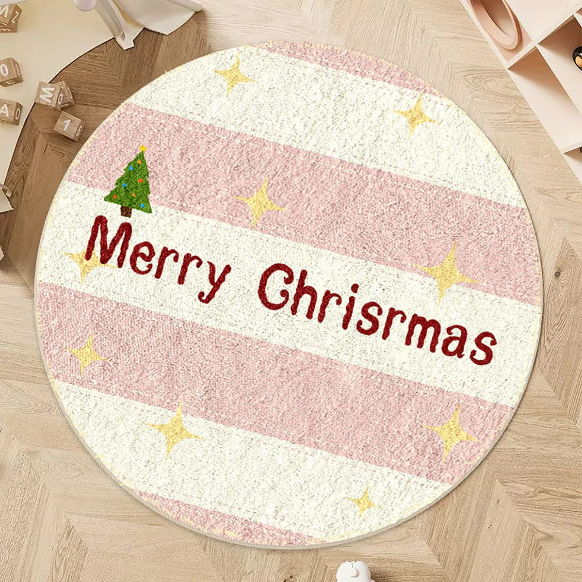 Round Christmas carpet with imitation cashmere material showing festive holiday patterns