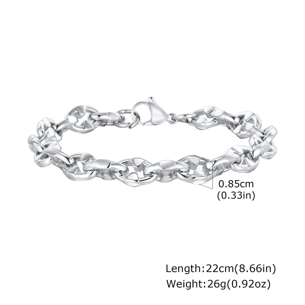 Handmade geometric stainless steel chain bracelet for men in a steel colour.
