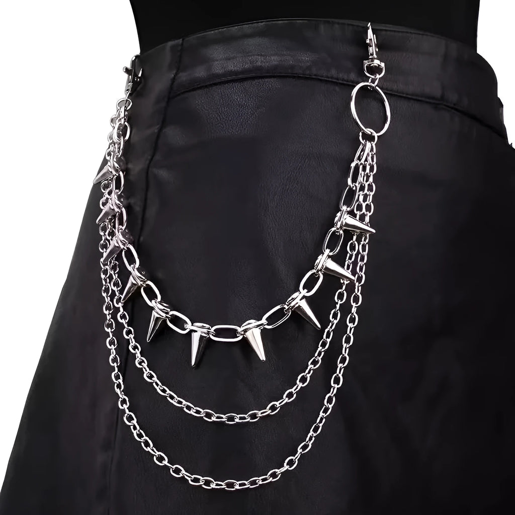 Silver metal double layer pants chain with rivet ornaments on dark trousers