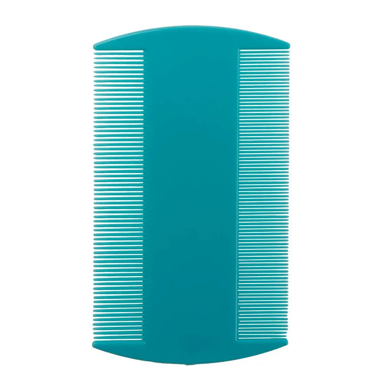 Double-edged plastic fine tooth flea and lice comb in assorted colours on a white background.