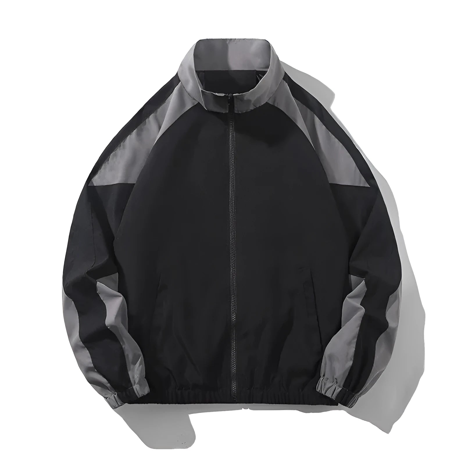 Men's black polyester jacket with contrast stitching and side seam pockets on a model