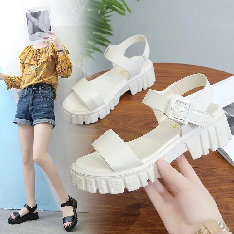 Beige women's platform sandals with ankle-strap buckle and peep toe fish mouth design.