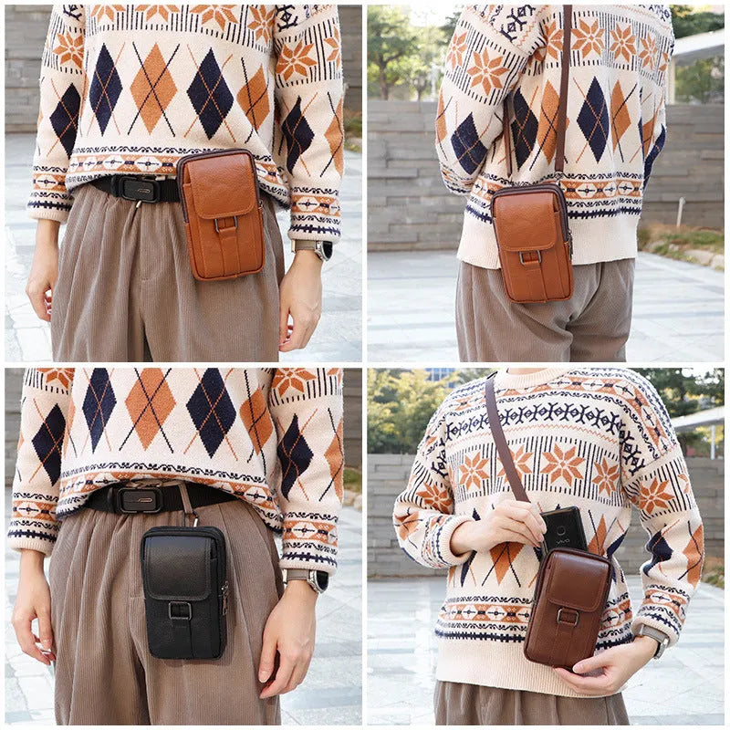 Men's genuine leather multi-functional crossbody waist bag in vertical square shape with lock fastening