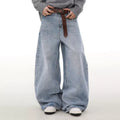 Men's blue retro washed distressed straight-leg cotton denim jeans with a mid waist.