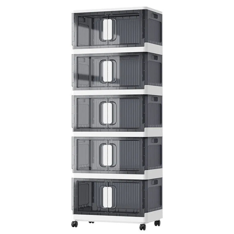 Foldable white household storage locker with wheels and multiple shelves for shoes and toys.