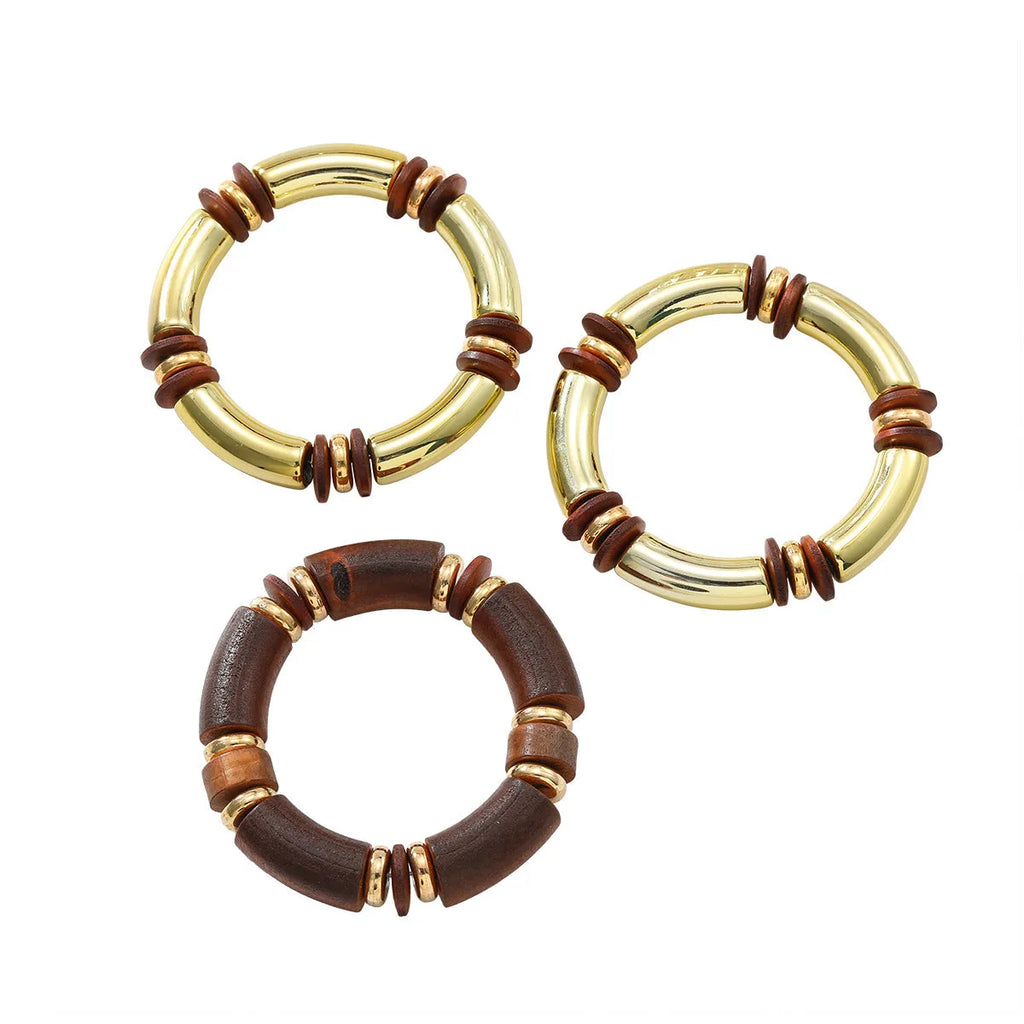 Women's multi-layer wooden necklace and bracelet set with alloy construction