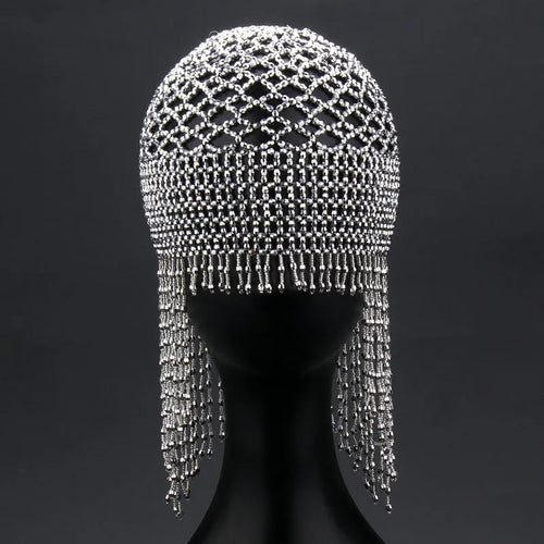 Handmade beaded alloy belly dance hat hair ornament with tassel in silver or black.