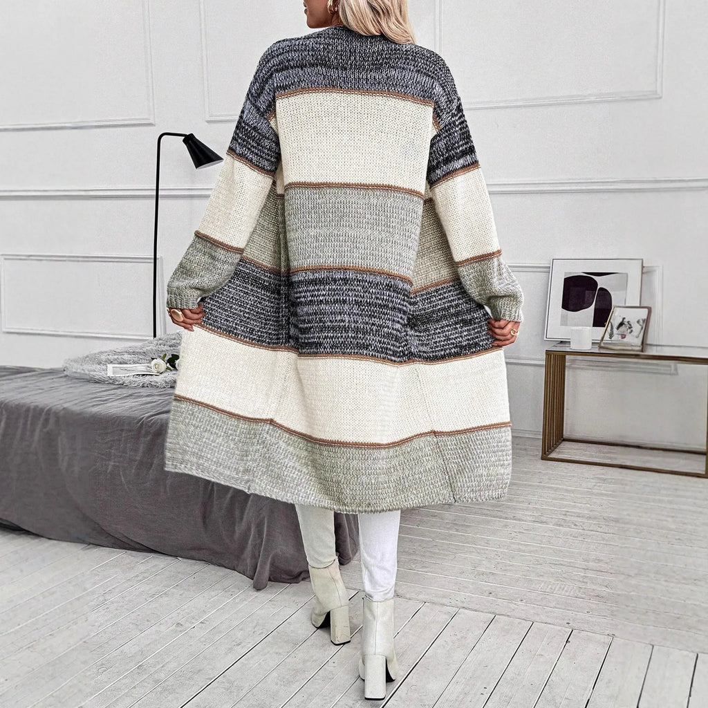Grey loose-fit long sleeve knitted cardigan coat on a hanger