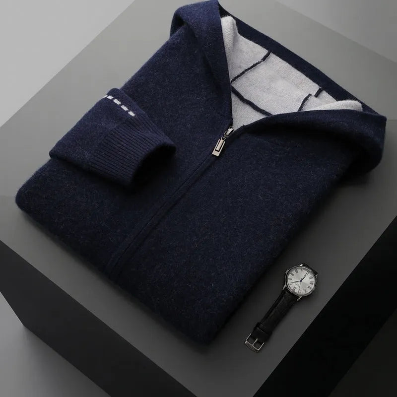 Men's dark blue cashmere cardigan with half-high collar zipper and long sleeves