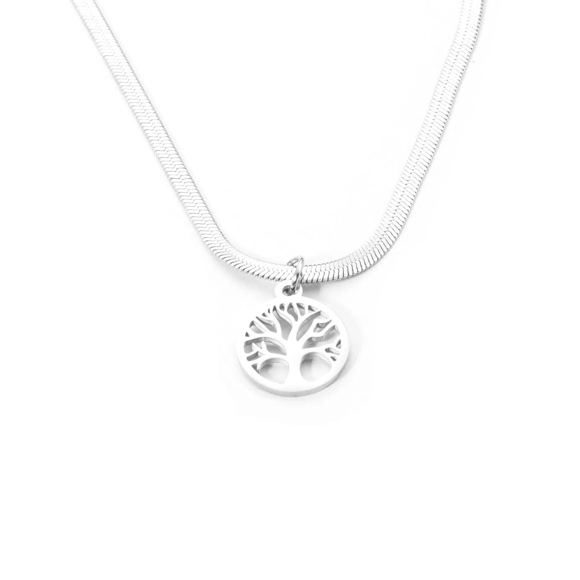 Stainless steel necklace with a U-shaped titanium steel tree pendant on a snake bones chain.