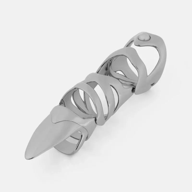 Silver metal alloy armour-style finger stall ring on a black background.