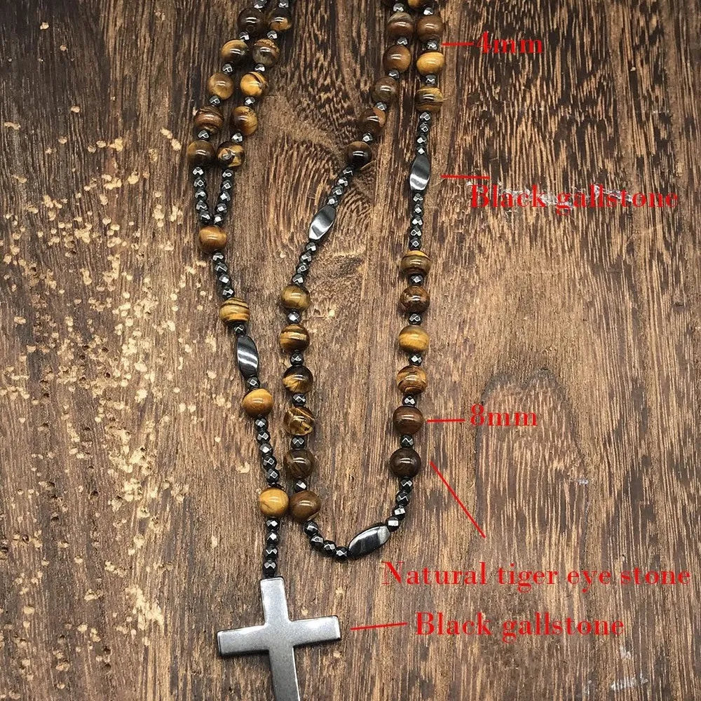 Men's stone cross pendant necklace with hand-woven detail on ball bead chain