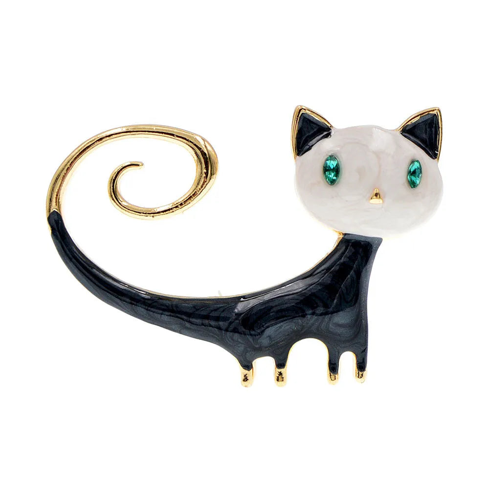 Personalised painted kitten brooch with tail-up cat design in alloy metal, white or orange colour option