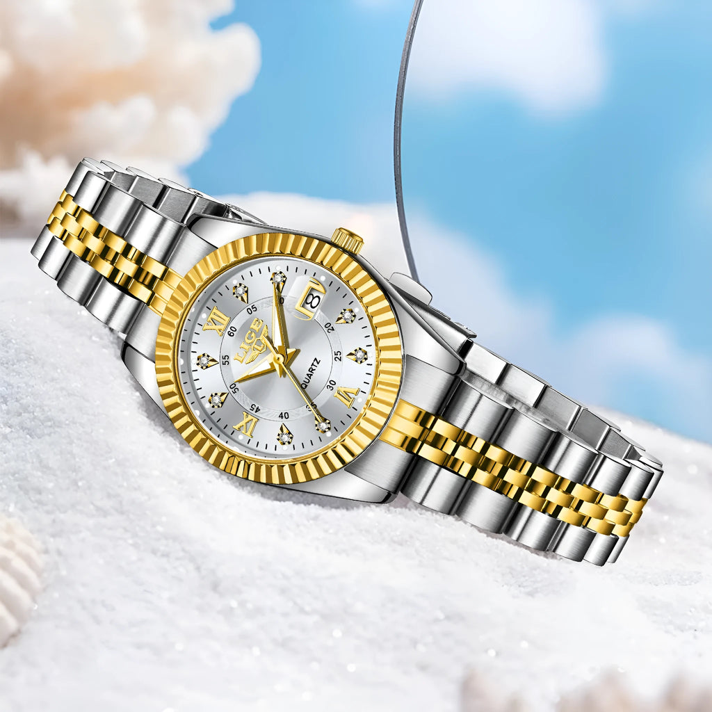 Women's waterproof quartz watch with 10mm case in gold or silver with contrasting dial colours