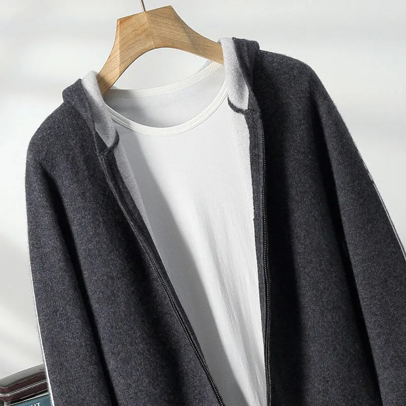 Men's dark blue cashmere cardigan with half-high collar zipper and long sleeves