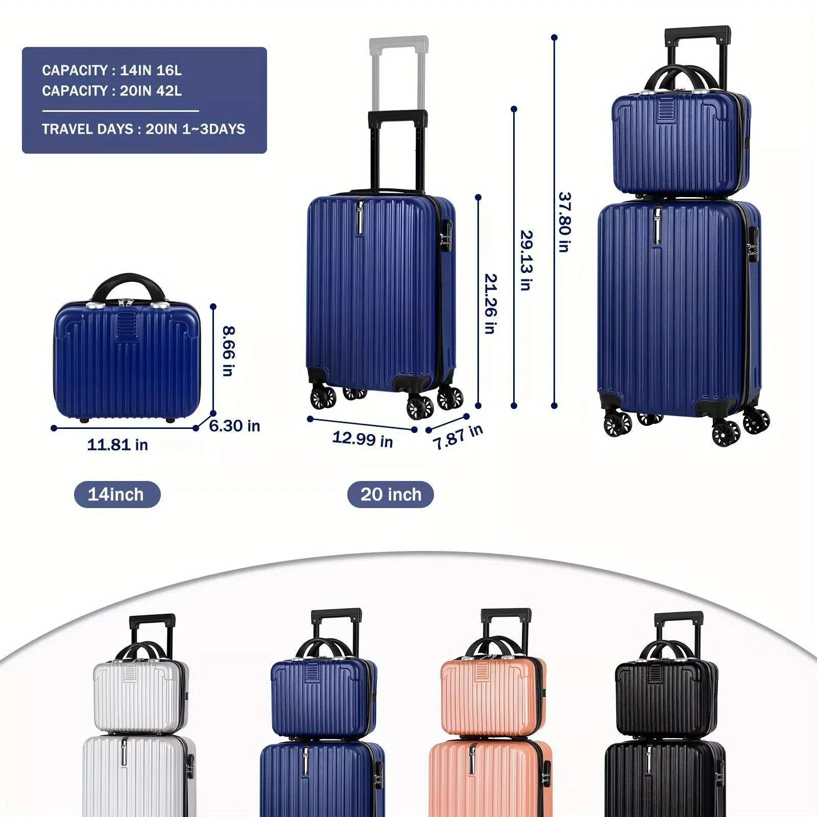 Matching aluminium alloy luggage set with 14-inch and 20-inch suitcases for male business travel