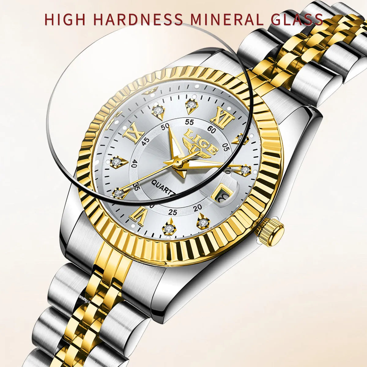 Women's waterproof quartz watch with 10mm case in gold or silver with contrasting dial colours