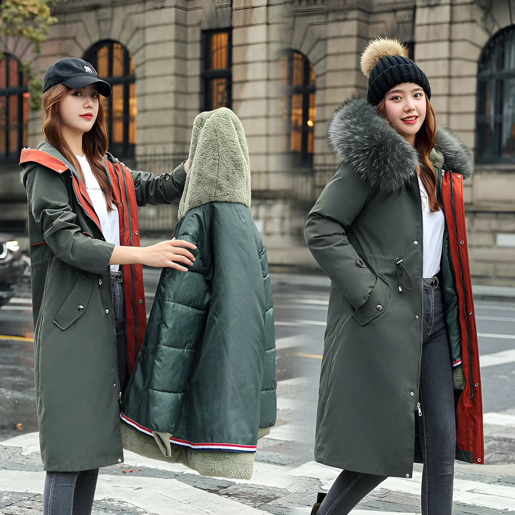 Women's long beige trench coat with down cotton padding and two-way design featuring long sleeves