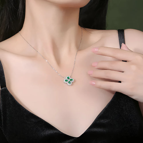 925 silver flower pendant necklace with emerald colour cubic zirconia ball bead chain