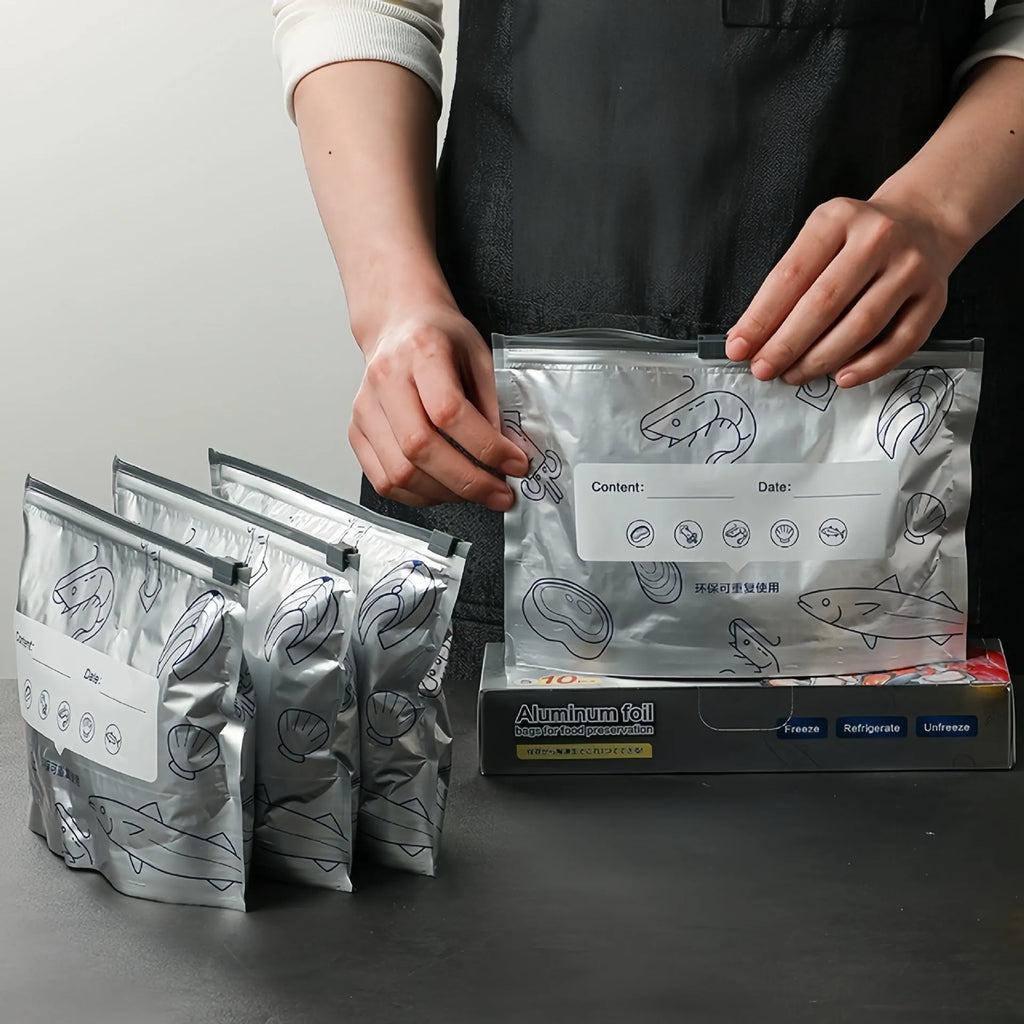Pack of 10 aluminum foil fresh-keeping bags in three sizes for food storage.