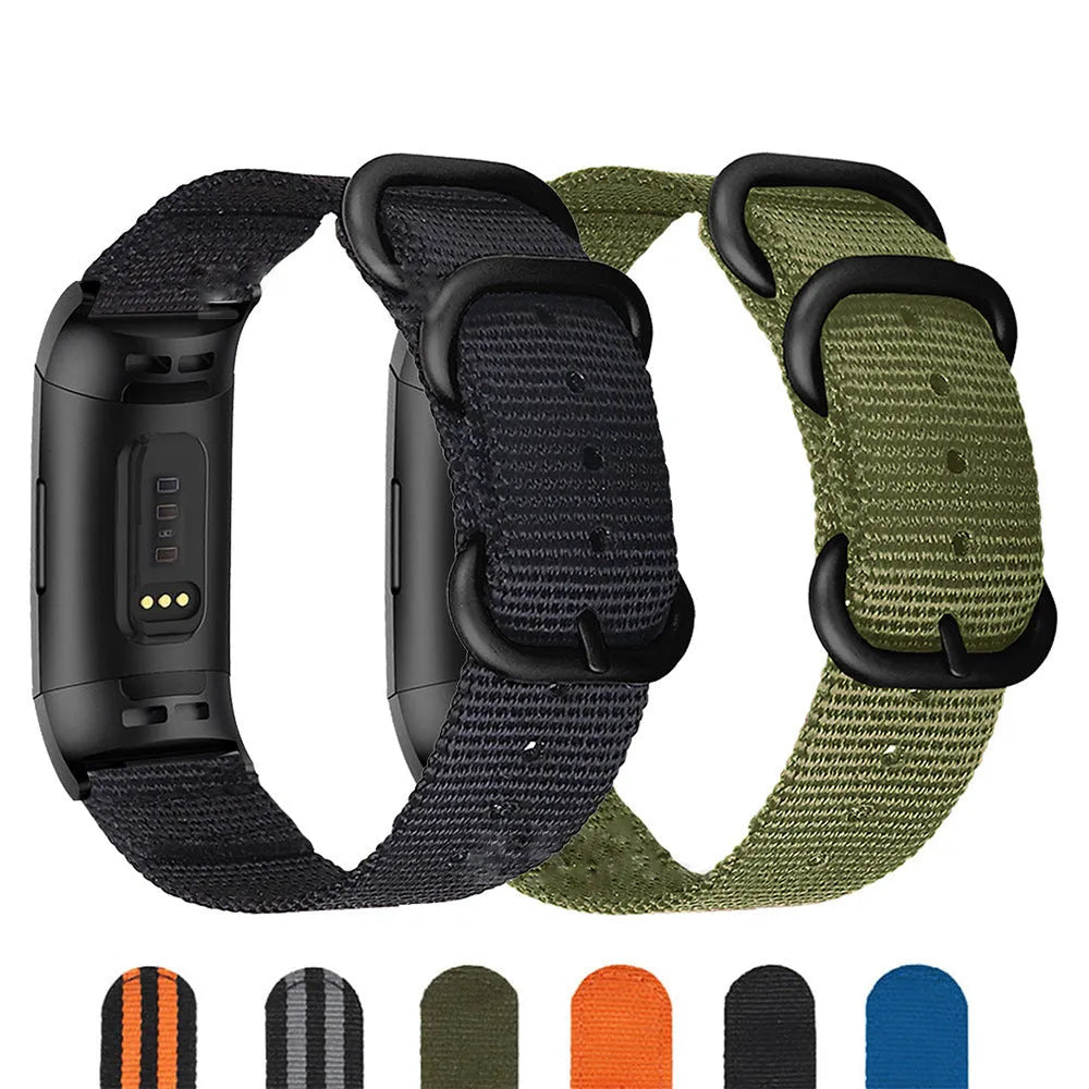 Nylon replacement watch strap with three-ring buckle for Fitbit Charge 2, 3, 4, and 5 fitness trackers.