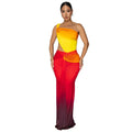 Women's long gradient dress with oblique shoulder and sleeveless design in green.