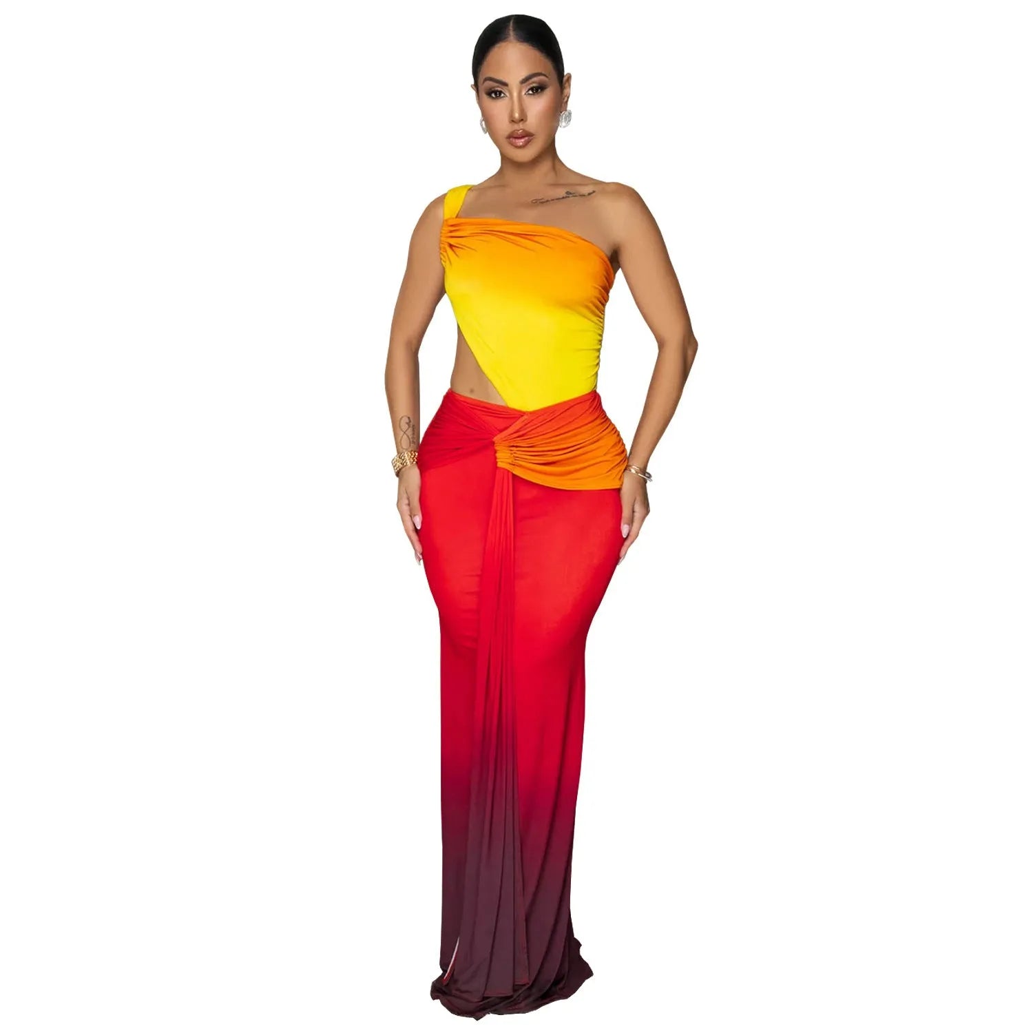 Women's long gradient dress with oblique shoulder and sleeveless design in green.
