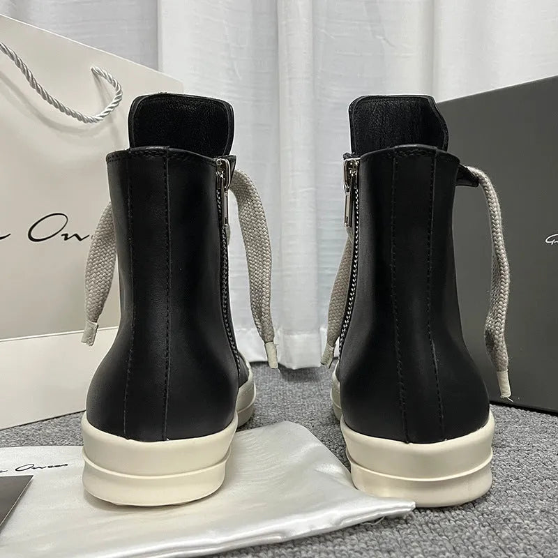 High-top leather sneakers with side zipper in black, creamy white, rose red, and olive green colours