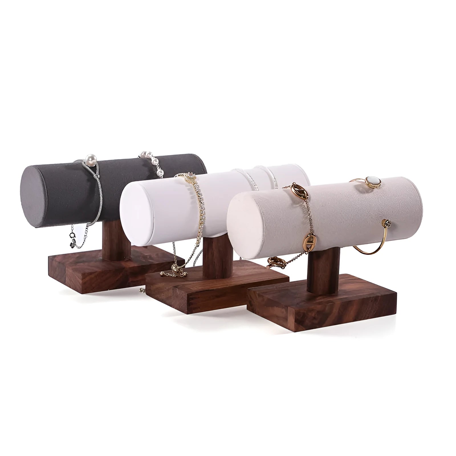 Walnut bracelet display stand with solid wood frame and beige velvet cushion
