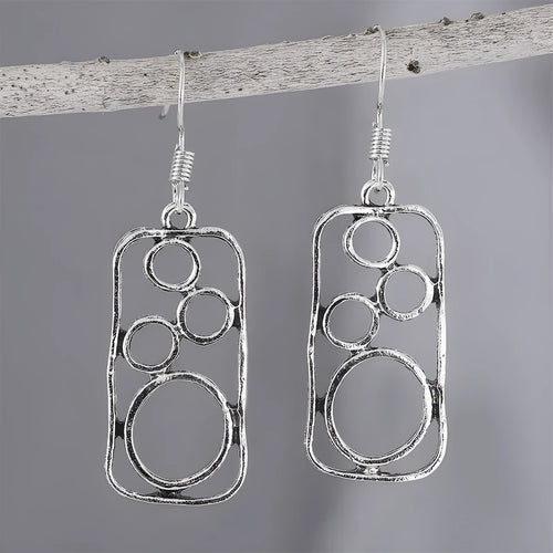 Geometric round ring earrings with irregular square design in antique silver finish