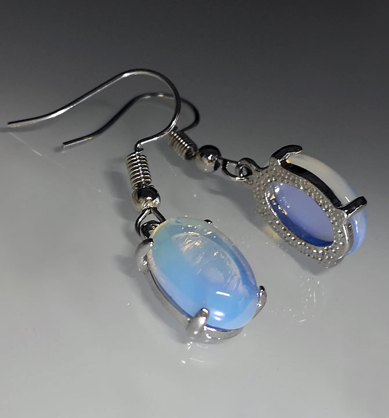 Opal earrings with cross pendant in drop shape, moonlight white colour, retro simple style