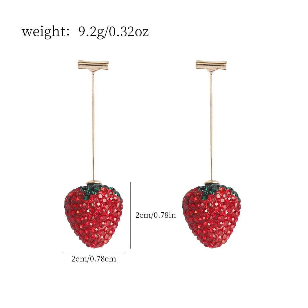 Geometric zinc alloy strawberry earrings for women with spot drill texture in red, pink, purple, champagne, pink & white, and white powder.