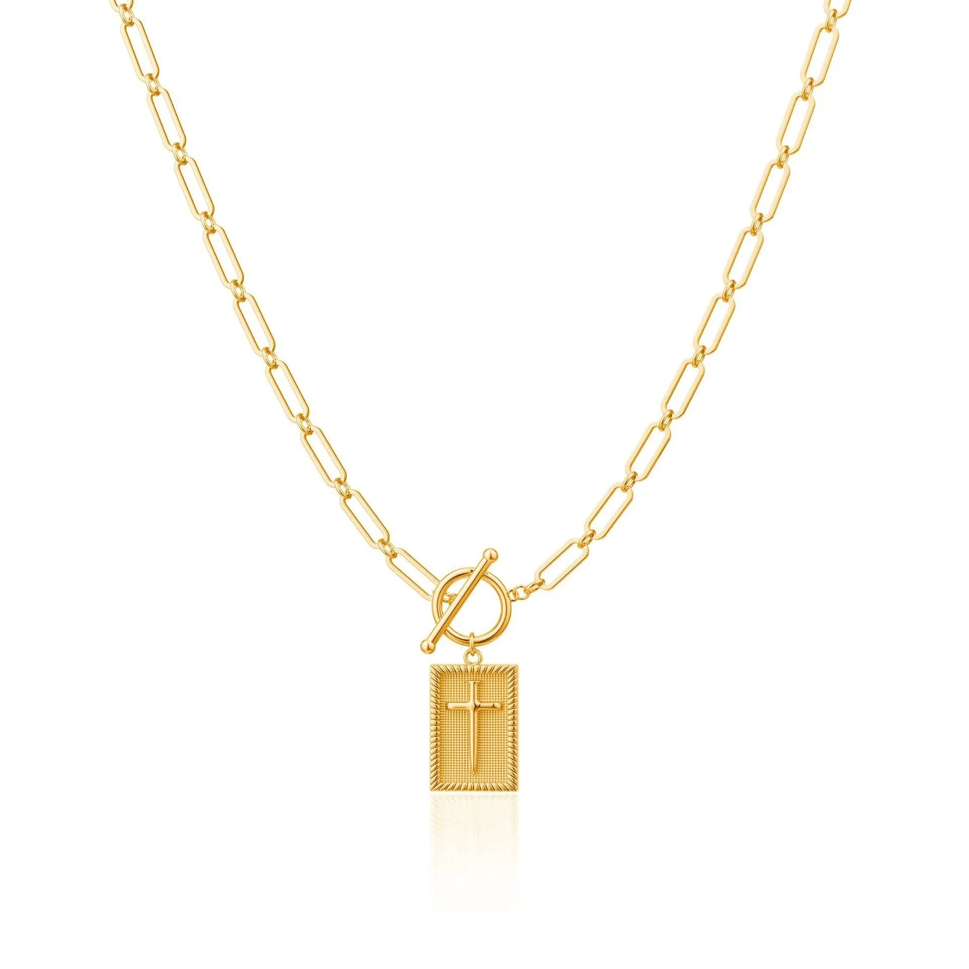 Gold electroplated stainless steel clip chain necklace with cross and square geometric pendant on white background