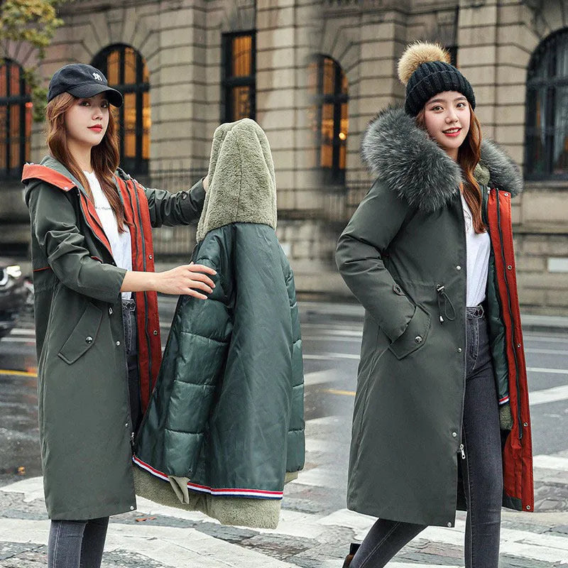 Women's long beige trench coat with down cotton padding and two-way design featuring long sleeves