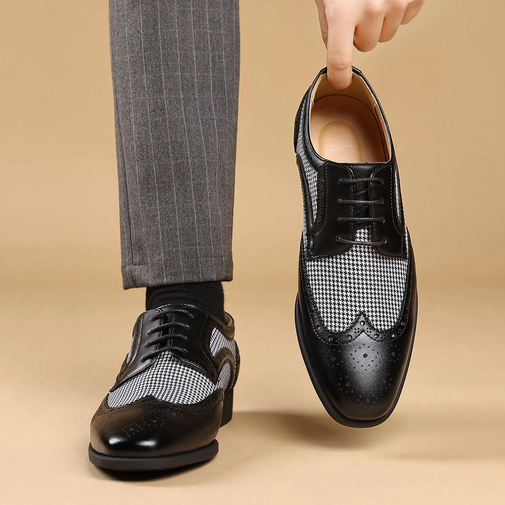Man's imitation houndstooth plaid casual shoe in black with square toe and lace-up front.