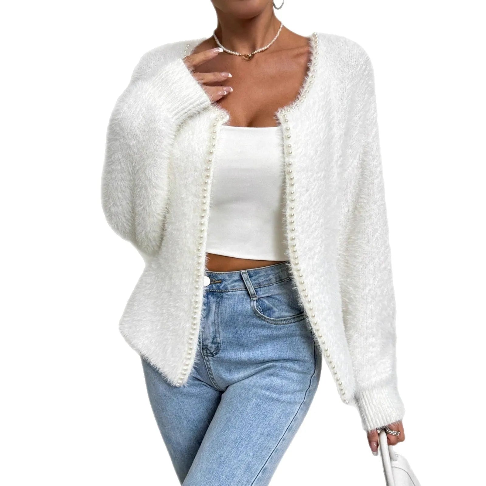 White women's cardigan with V-neck and beaded knit detail