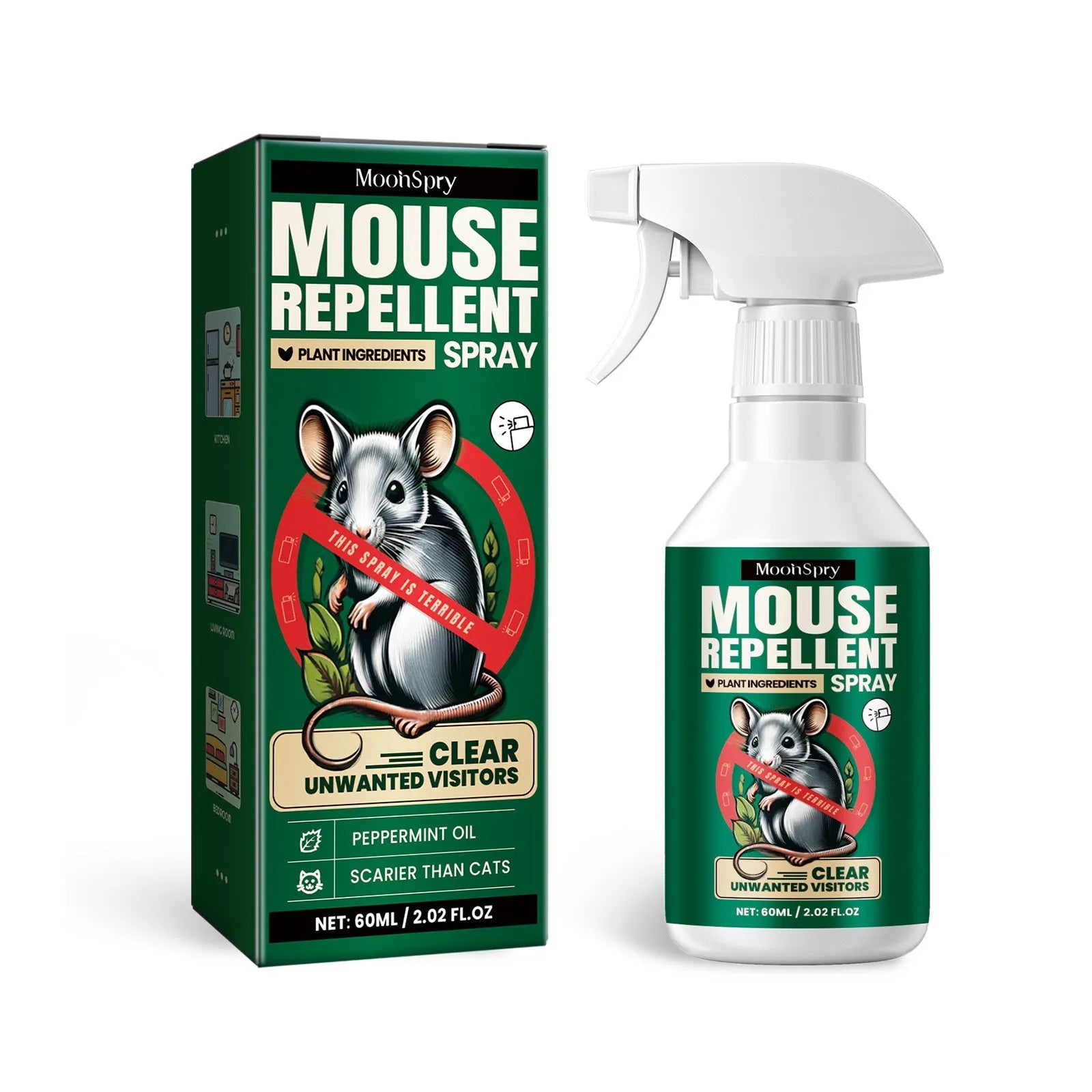 60ml natural rat repellent spray bottle with essential oils for home, outdoor and car rodent protection