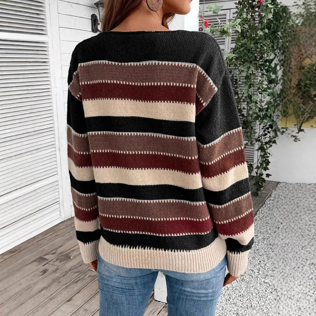 Women's colourblock striped polyester pullover sweater with long sleeves in black, blue and grey options