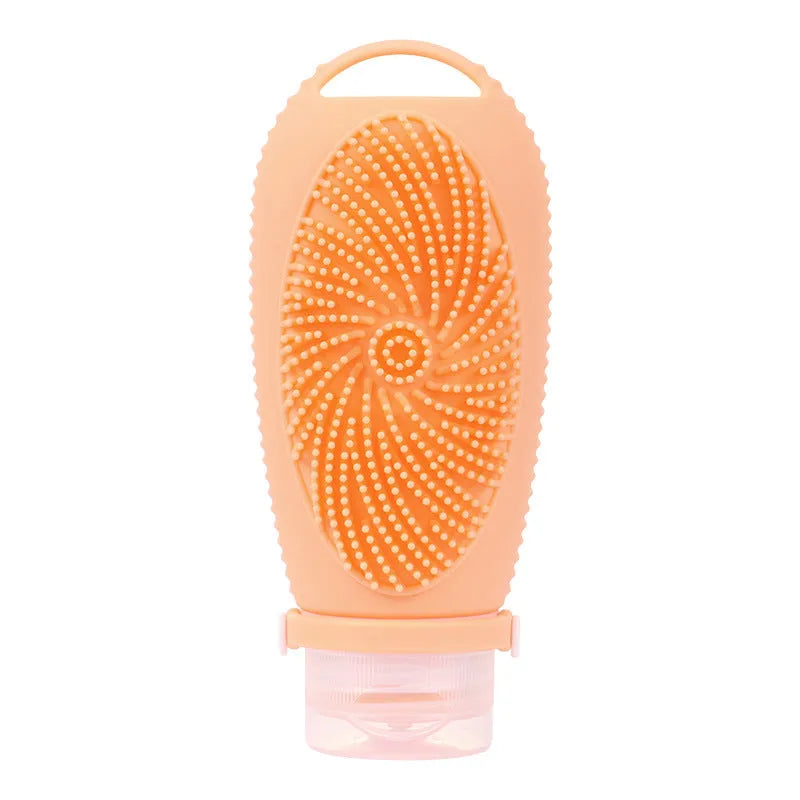Silicone bath brush storage bottle in various colours showing 100ml capacity for bathroom organisation