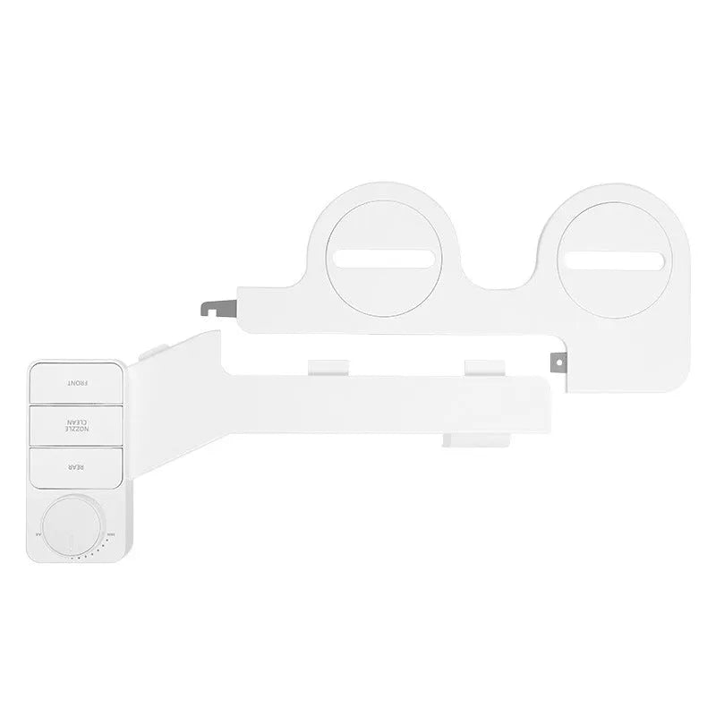 Pure white bidet attachment with button control and detachable nozzle on modern toilet