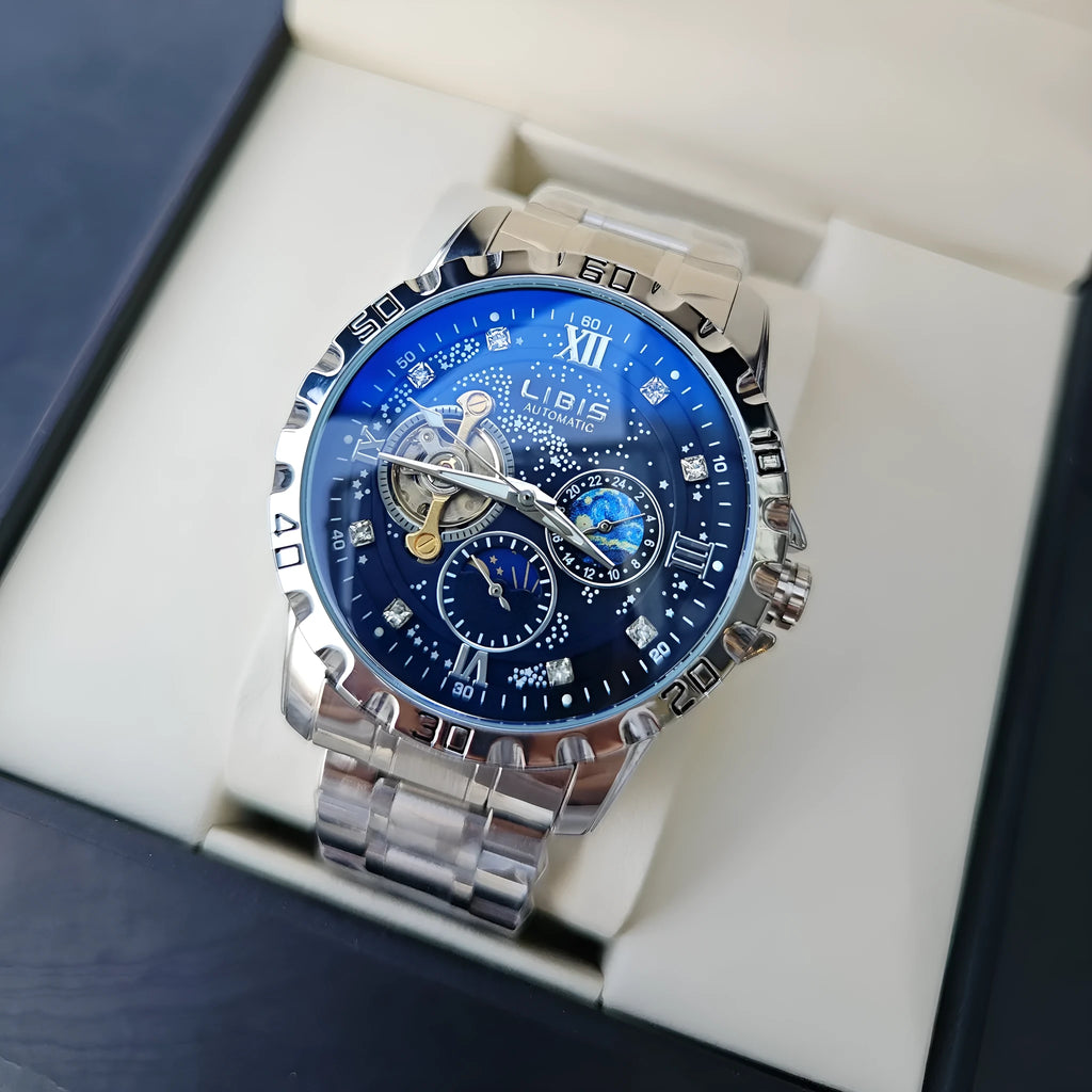 Men's silver case automatic mechanical watch with black starry dial, luminous hands, and leather strap