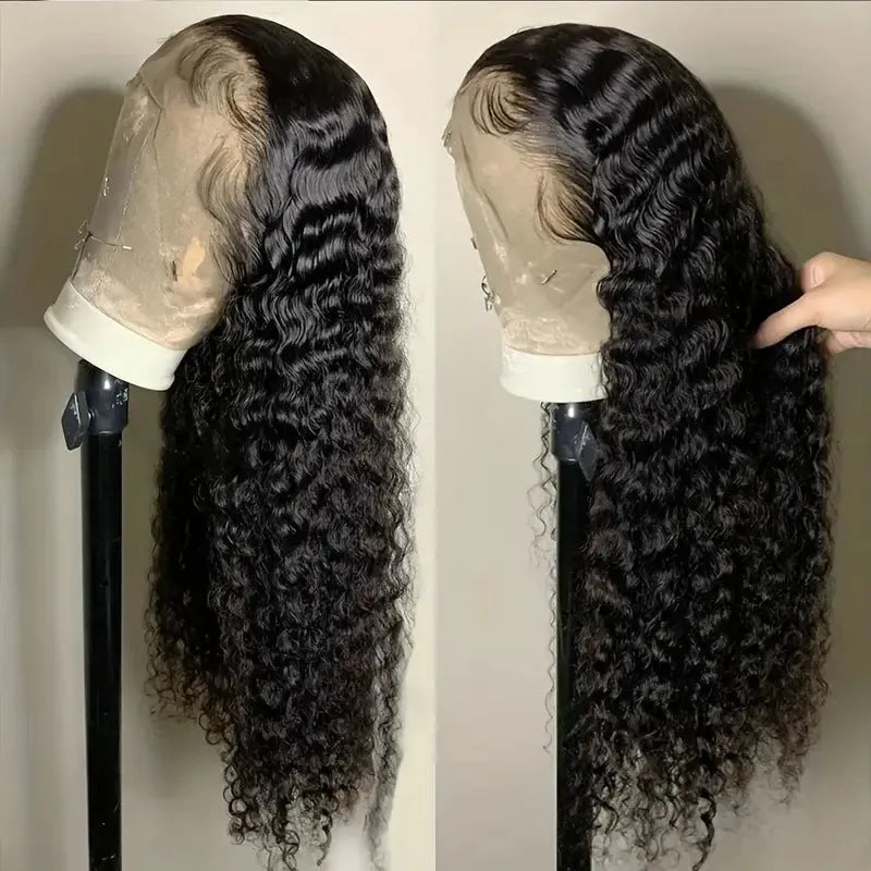 Black lace front Afro wig with small roll wound tube construction and long curly hair with side bangs