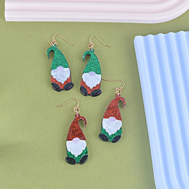 Santa Claus cartoon character acrylic earrings in red and green hat colour variations