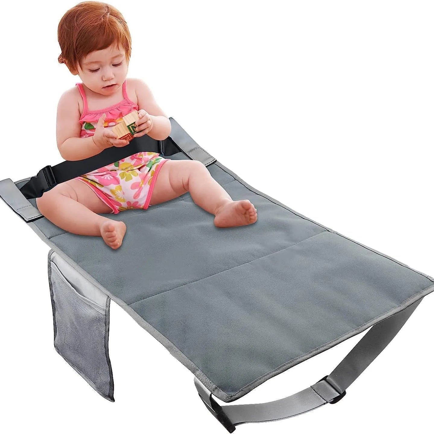 Portable children's aircraft pedal seat extender in blue, black or grey with optional drawstring pocket