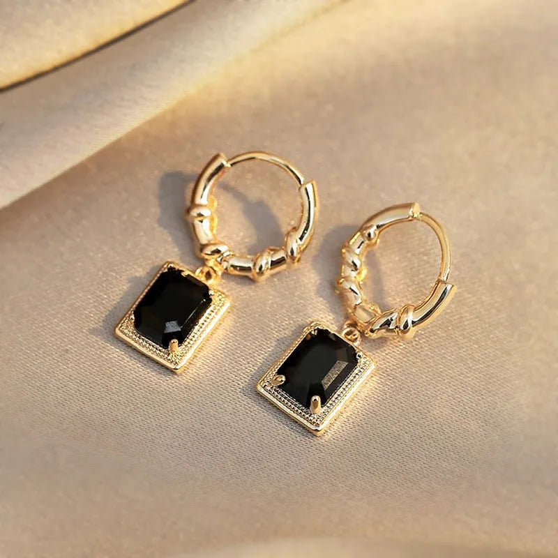Geometric quadrilateral black zircon earrings with copper construction and retro French Court styling