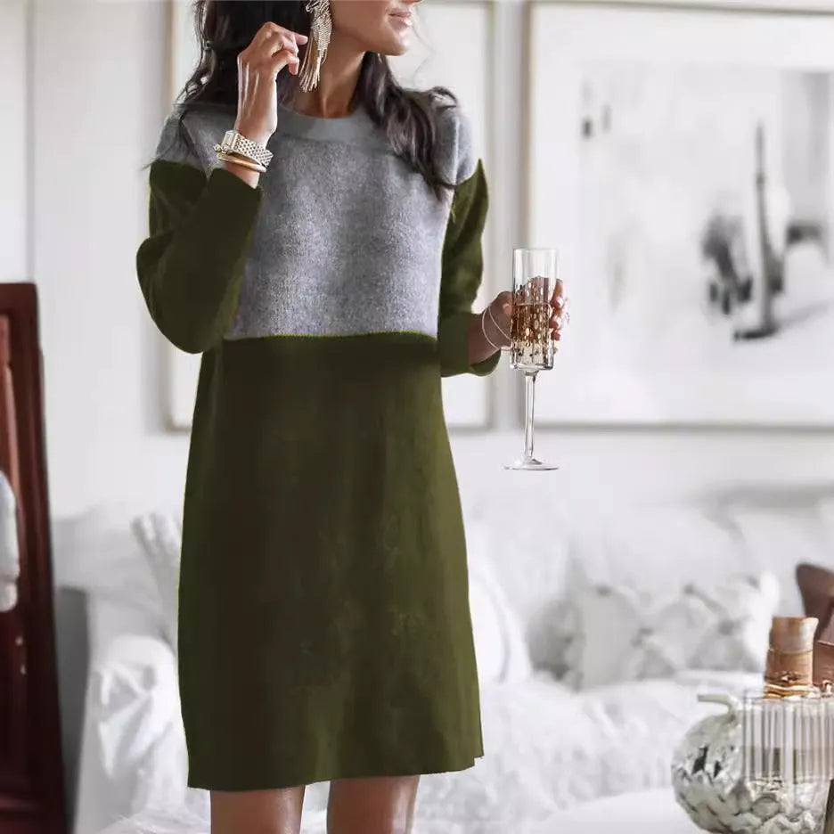 Brown women's loose-fitting patchwork long sleeve dress with a round neck and art retro collage stitching.